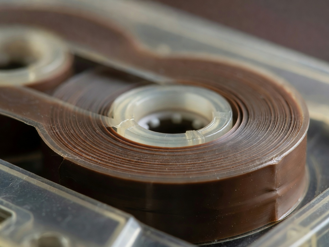 Close-up of the exposed brown tape spools of an old cassette, shallow depth of field