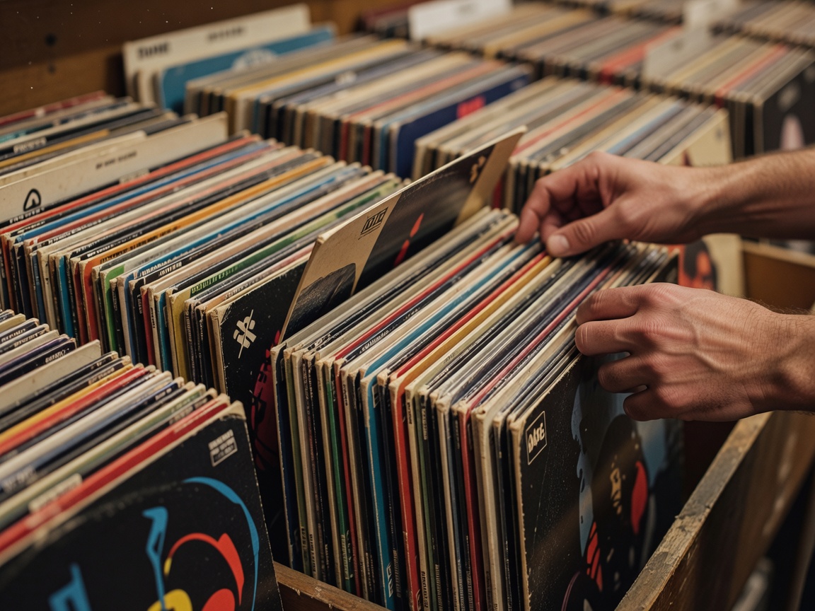 Hands flipping through a row of vinyl records in a shop bin, sleeves softly blurred