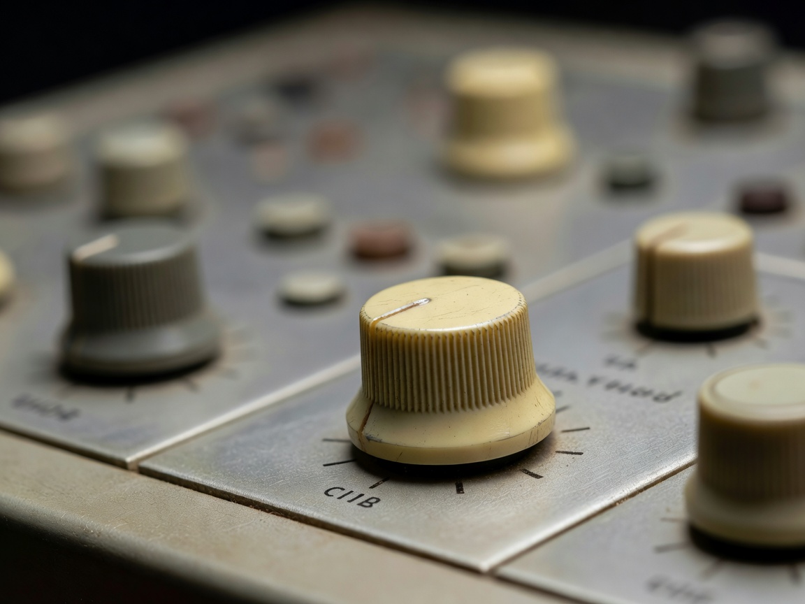 Close-up of a single rotary knob on a vintage mixing desk with the rest of the panel softly out of focus