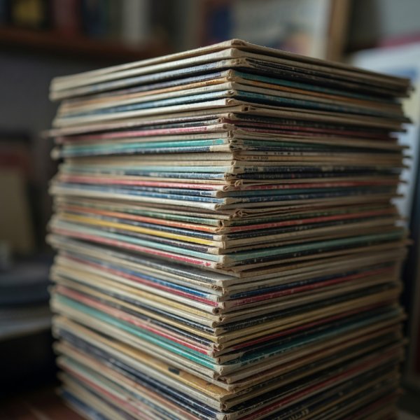 Stack of faded vintage record sleeves photographed close up with shallow focus on the spines